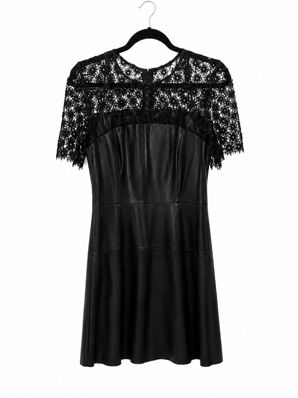 Black Lace Yoke Faux Leather Dress